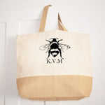 Bee, Personalised initials Jute base Canvas Oversized Tote Shopping Bag