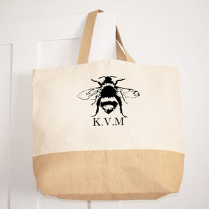 Bee, Personalised initials Jute base Canvas Oversized Tote Shopping Bag