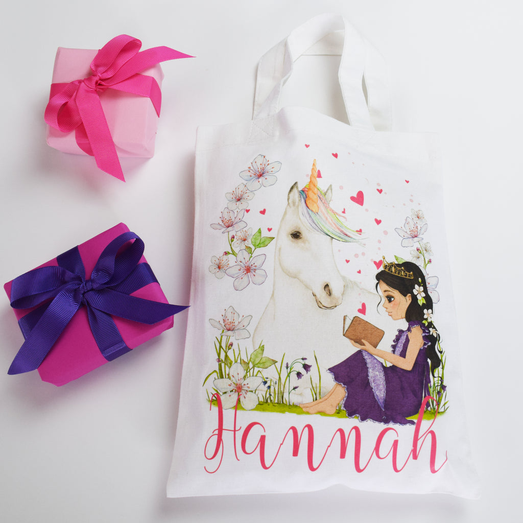 Personalised Reading Princess and Unicorn, Kids Party Bag