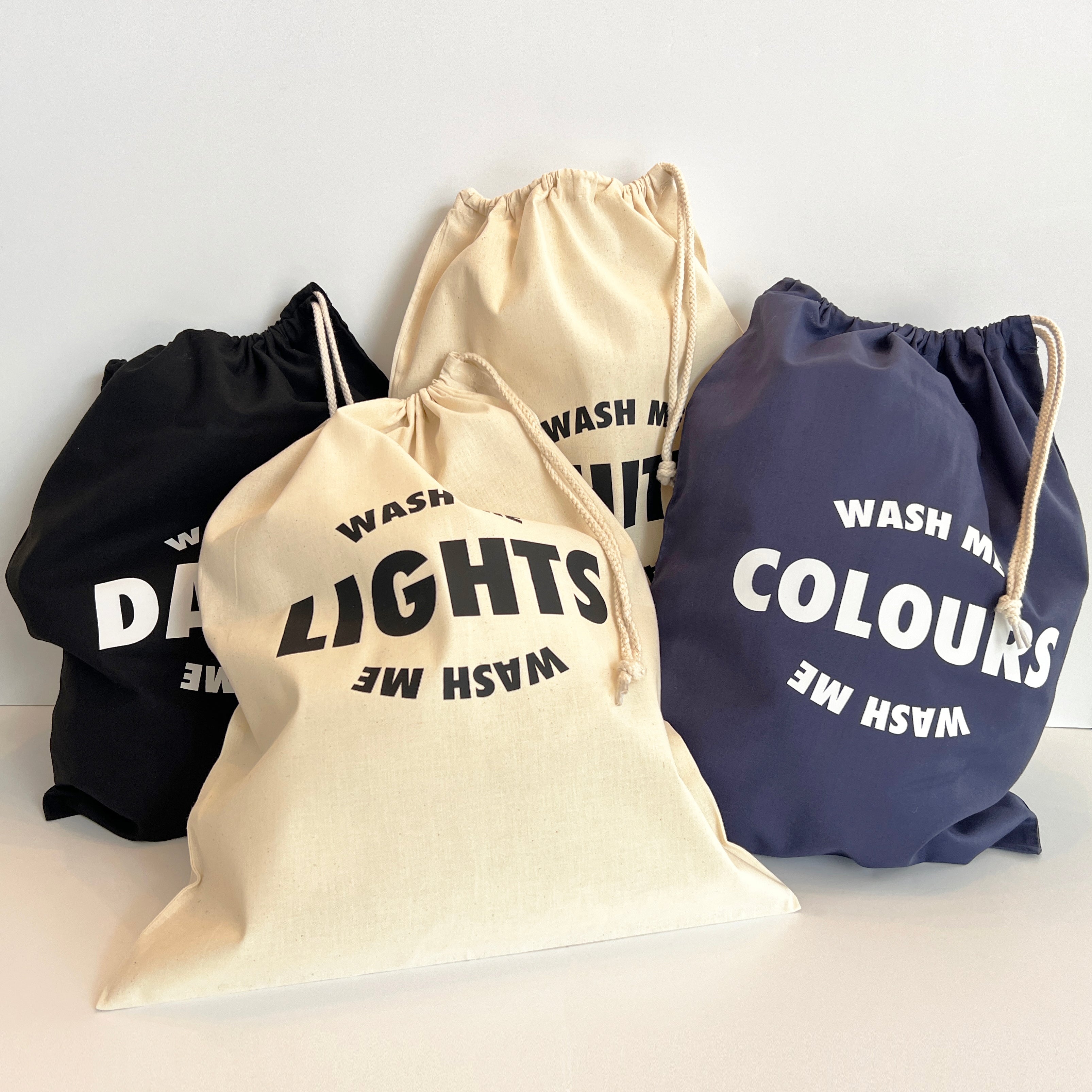 Set Of Four Wash Me Laundry Bags – Darks, Lights, Colours And Whites – Stylish Cotton Storage Solution