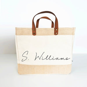 Handwritten Luxury Tote Bag, Personalised Market Tote Bag, Canvas and Leather Shopping Bag, Gift for Christmas Mum, Dad, Gift Unisex Bag,