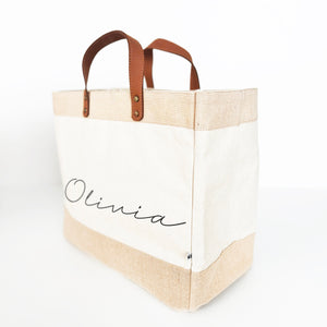 Handwritten Luxury Tote Bag, Personalised Market Tote Bag, Canvas and Leather Shopping Bag, Gift for Christmas Mum, Dad, Gift Unisex Bag,