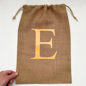 Alphabet Letter Jute Gift Sacks, Holiday gift bags, Santa Sacks, Burlap Sacks, Christmas Stocking Alternatives, festive Decor, Party Bag