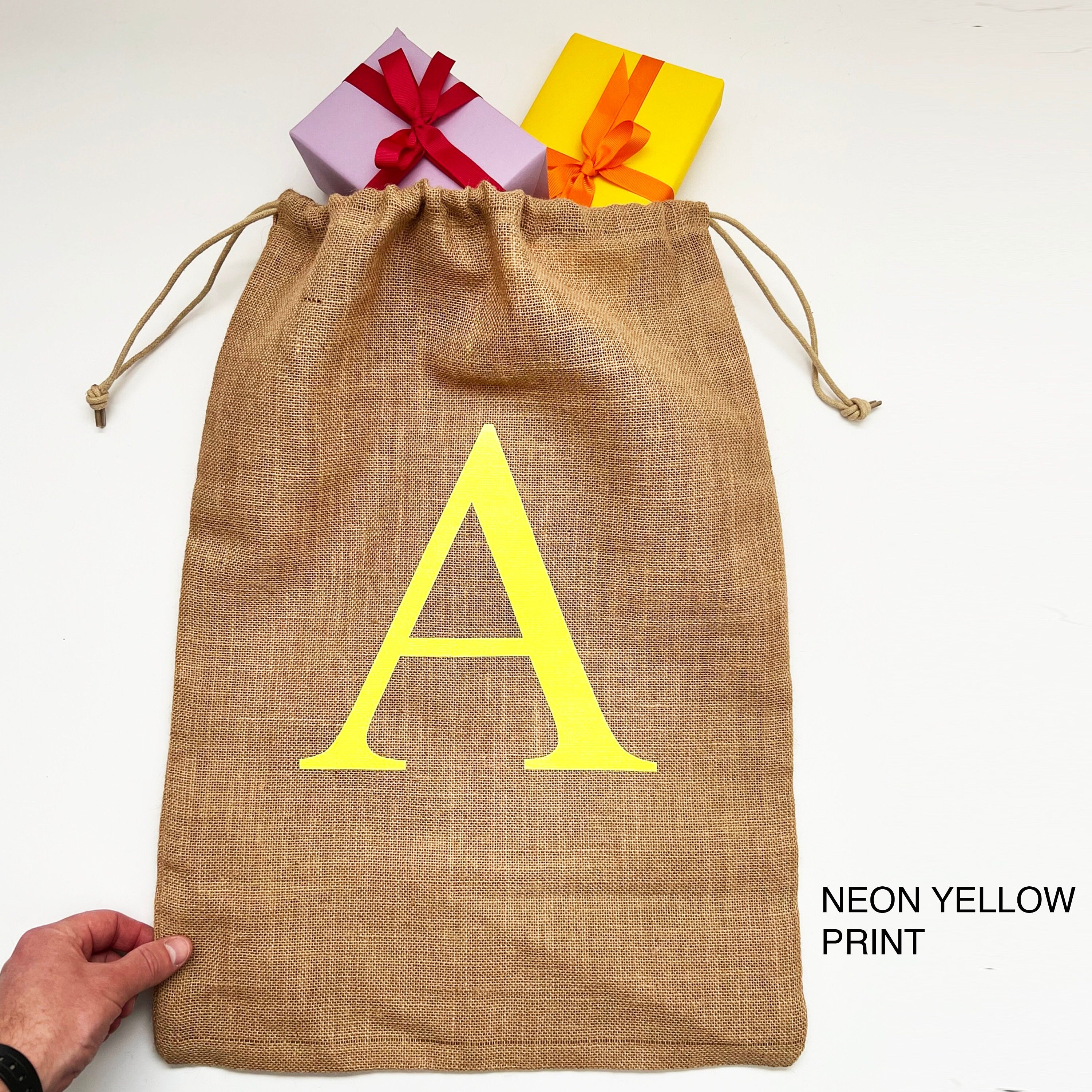 Alphabet Letter Jute Gift Sacks, Holiday gift bags, Santa Sacks, Burlap Sacks, Christmas Stocking Alternatives, festive Decor, Party Bag
