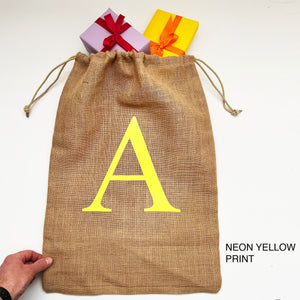 Alphabet Letter Jute Gift Sacks, Holiday gift bags, Santa Sacks, Burlap Sacks, Christmas Stocking Alternatives, festive Decor, Party Bag