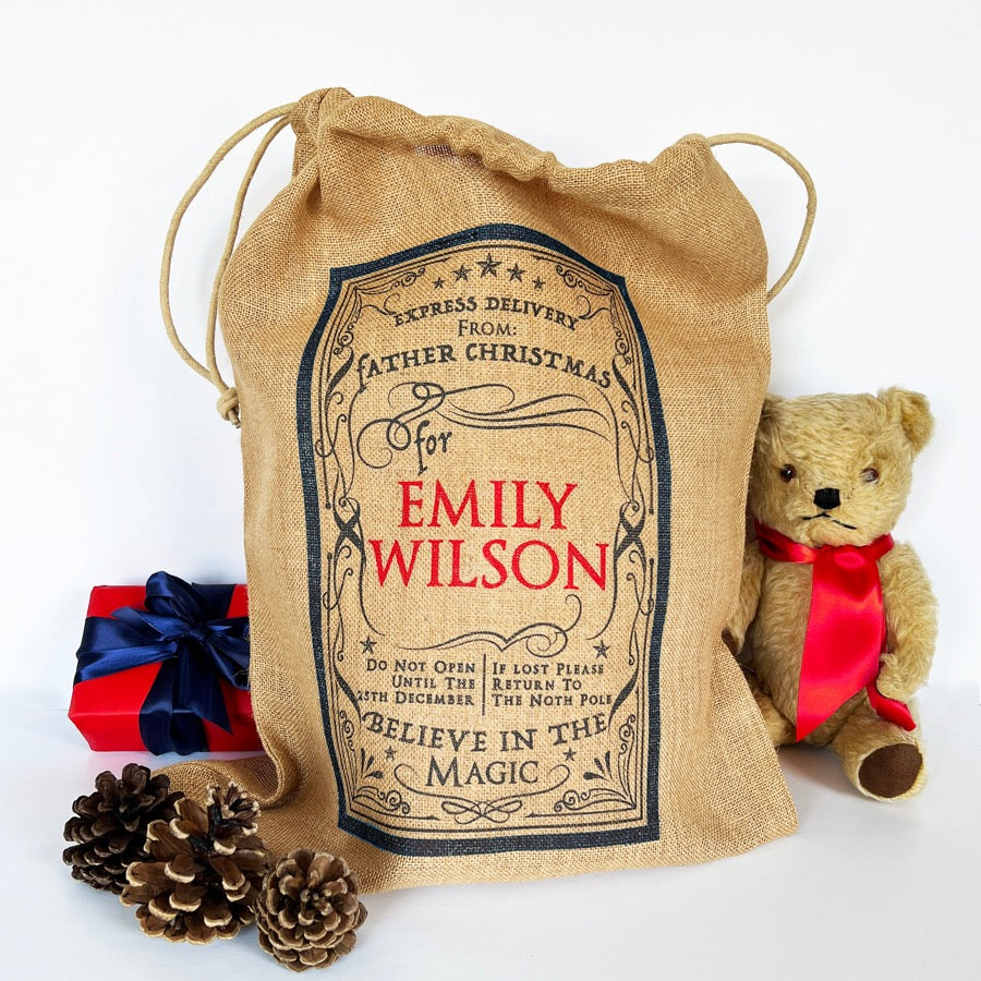 Personalised Magical Burlap Christmas Sack Xl, L, M Or S Santa Sack, Hessian Sack, Stocking, Childs Xmas, jute Gift