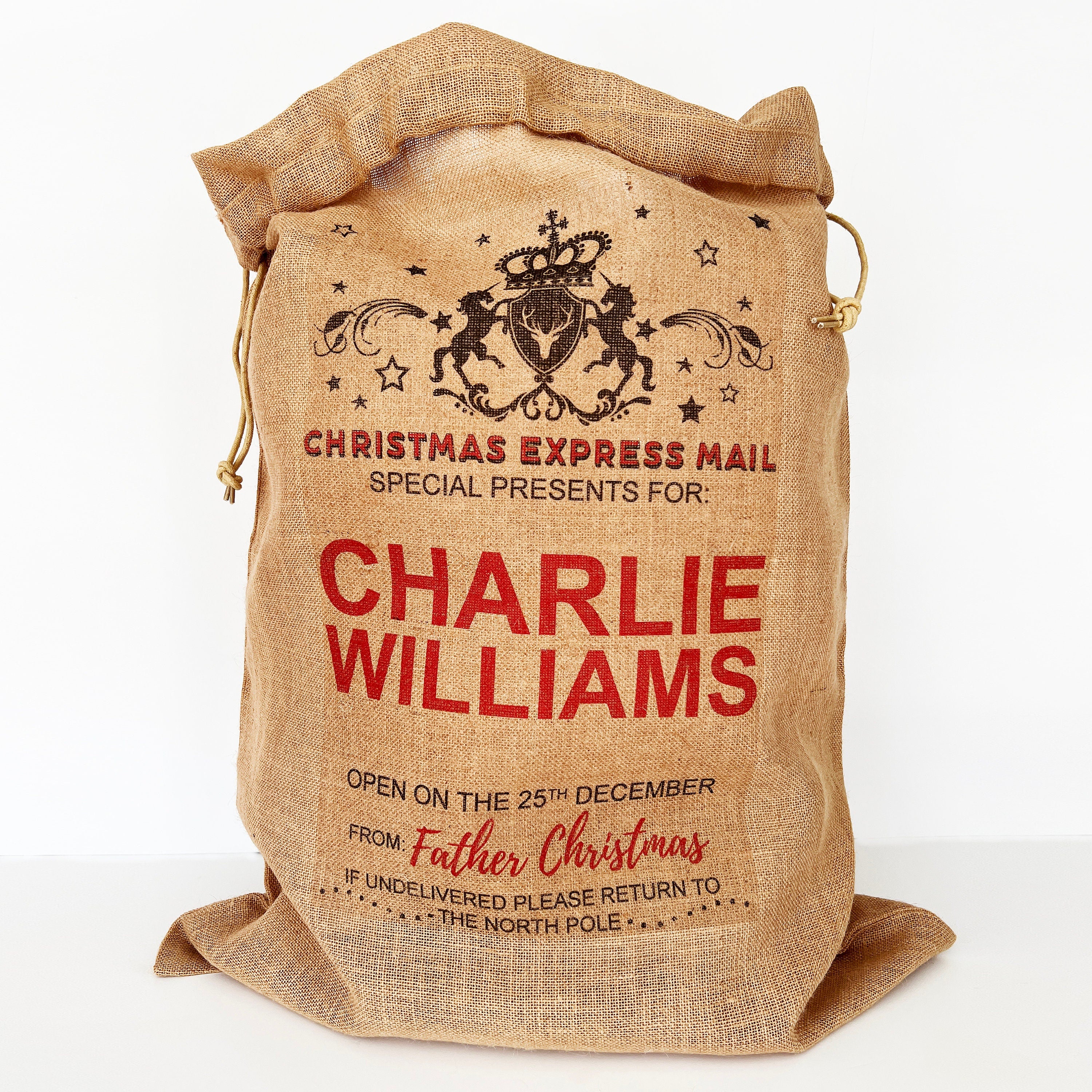 Personalised Father Christmas Express Mail Sack, Traditional Santa Sack, Child Xmas, Personalised Xmas Gift Bag, XL, L, M, S Sizes