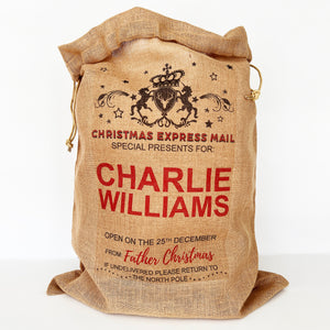 Personalised Father Christmas Express Mail Sack, Traditional Santa Sack, Child Xmas, Personalised Xmas Gift Bag, XL, L, M, S Sizes