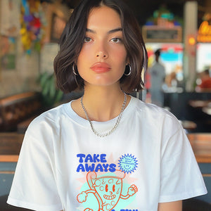 Take Aways & Fun Days Cartoon Graphic, Skate Boarding Pizza Slice, Graphic Print White T-Shirt, Unisex fit, Pizza Mascot, Retro Comic Tee