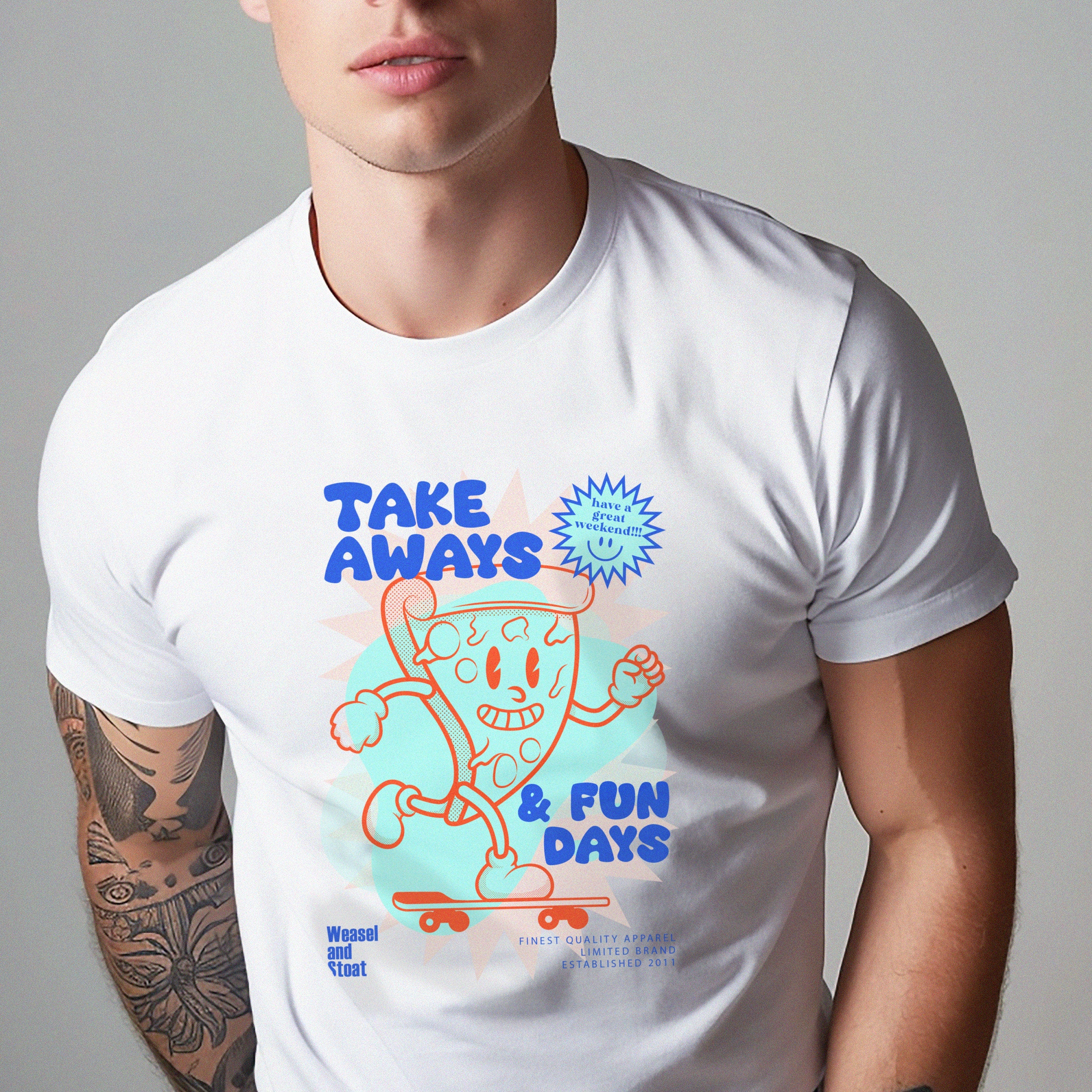 Take Aways & Fun Days Cartoon Graphic, Skate Boarding Pizza Slice, Graphic Print White T-Shirt, Unisex fit, Pizza Mascot, Retro Comic Tee