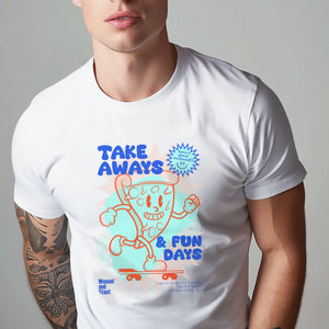 Take Aways & Fun Days Cartoon Graphic, Skate Boarding Pizza Slice, Graphic Print White T-Shirt, Unisex fit, Pizza Mascot, Retro Comic Tee