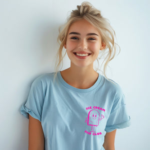 Retro Ice Cream Fan Club T-shirt, Unisex Tee, Neon Pink Print on Light Blue T, Summer Gift for Adults & Kids, Ice Cream Lover, Vacation Tee