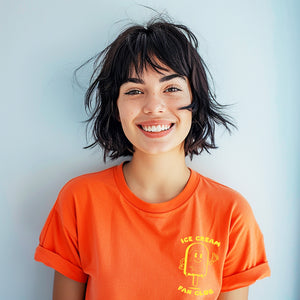 Retro Ice Cream Fan Club T-shirt, Unisex Tee, Yellow Print on Orange T-Shirt, Summer Gift for Adults & Kids, Ice Cream Lover, Vacation Tee