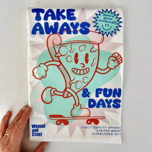 Take Aways & Fun Days Cartoon Graphic, Skate Boarding Pizza Slice, Graphic Print White T-Shirt, Unisex fit, Pizza Mascot, Retro Comic Tee