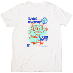 Take Aways & Fun Days Cartoon Graphic, Skate Boarding Pizza Slice, Graphic Print White T-Shirt, Unisex fit, Pizza Mascot, Retro Comic Tee