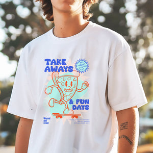 Take Aways & Fun Days Cartoon Graphic, Skate Boarding Pizza Slice, Graphic Print White T-Shirt, Unisex fit, Pizza Mascot, Retro Comic Tee