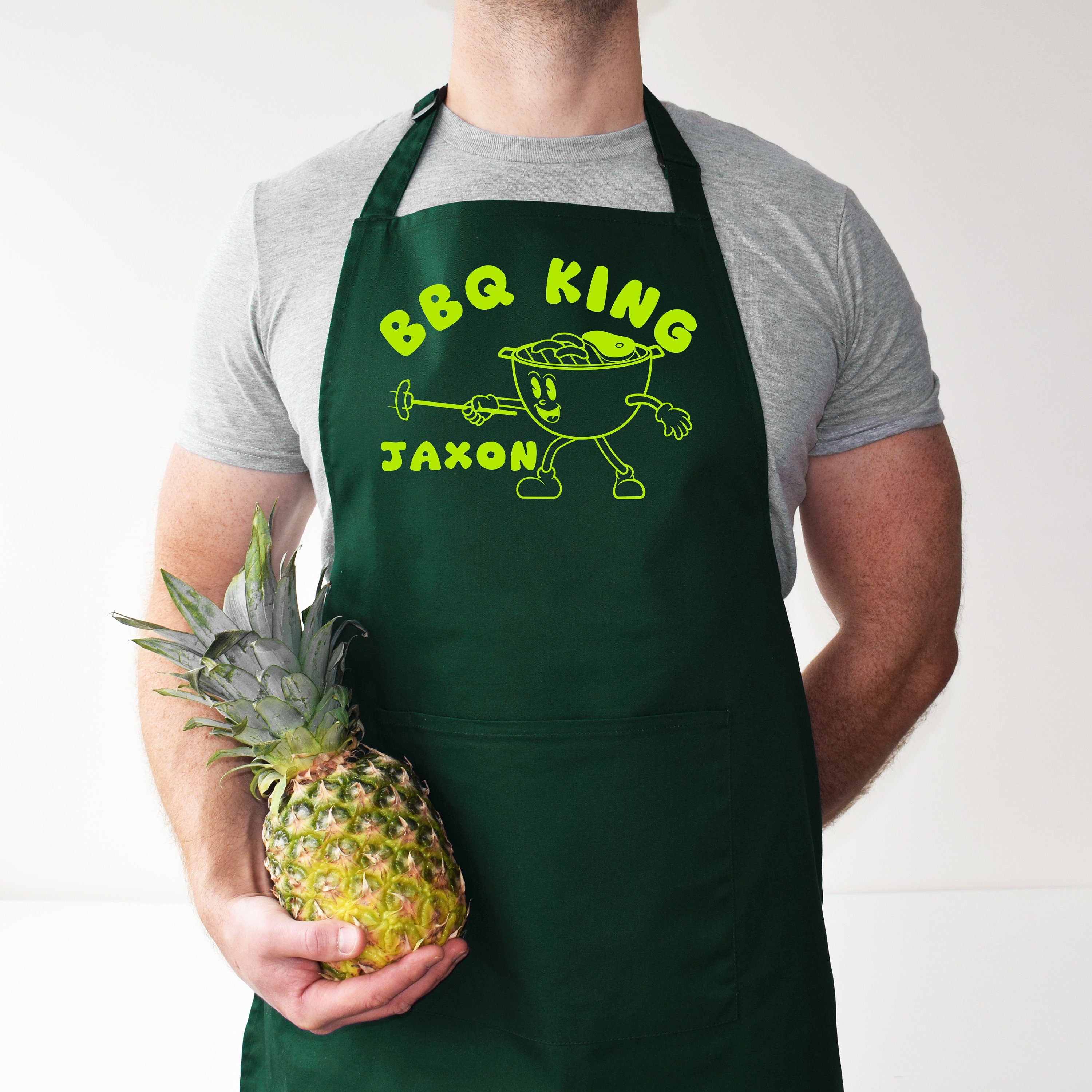 Personalised BBQ King Apron with Grill Mascot Cartoon, Custom Chef Funny Grilling Apron, Customisable Grill Master Apron, BBQ Lover Gift