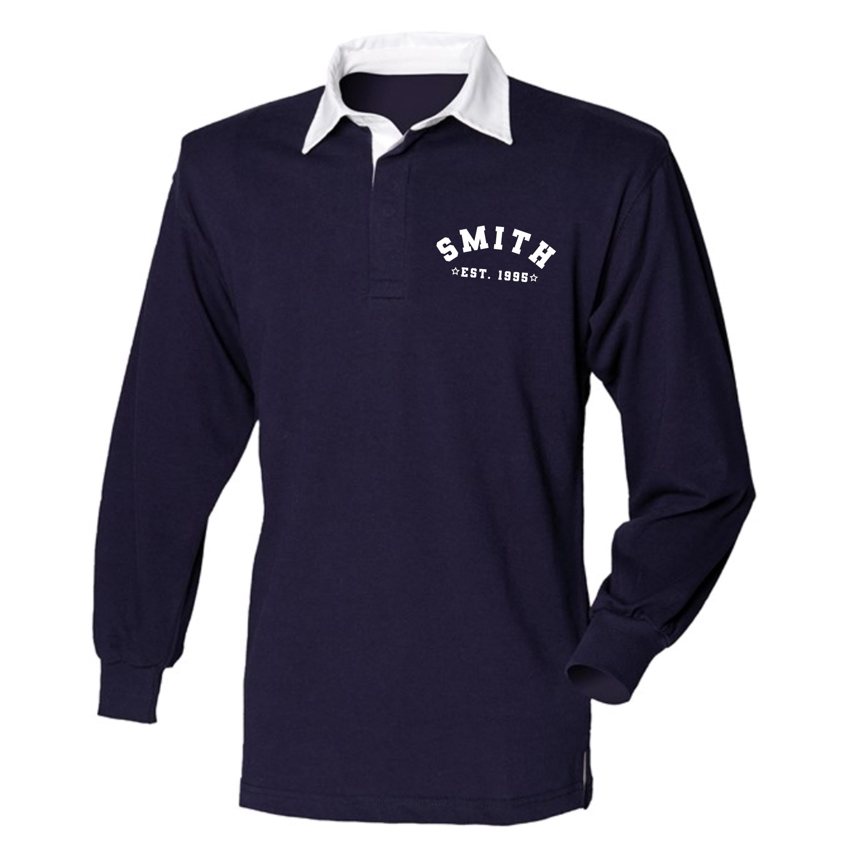 Personalised Name Men's Rugby Shirt - Plain Colour - Custom Name & Date - Polo Shirt - Men's Christmas Gift, Mens Long Sleeve T- Shirt
