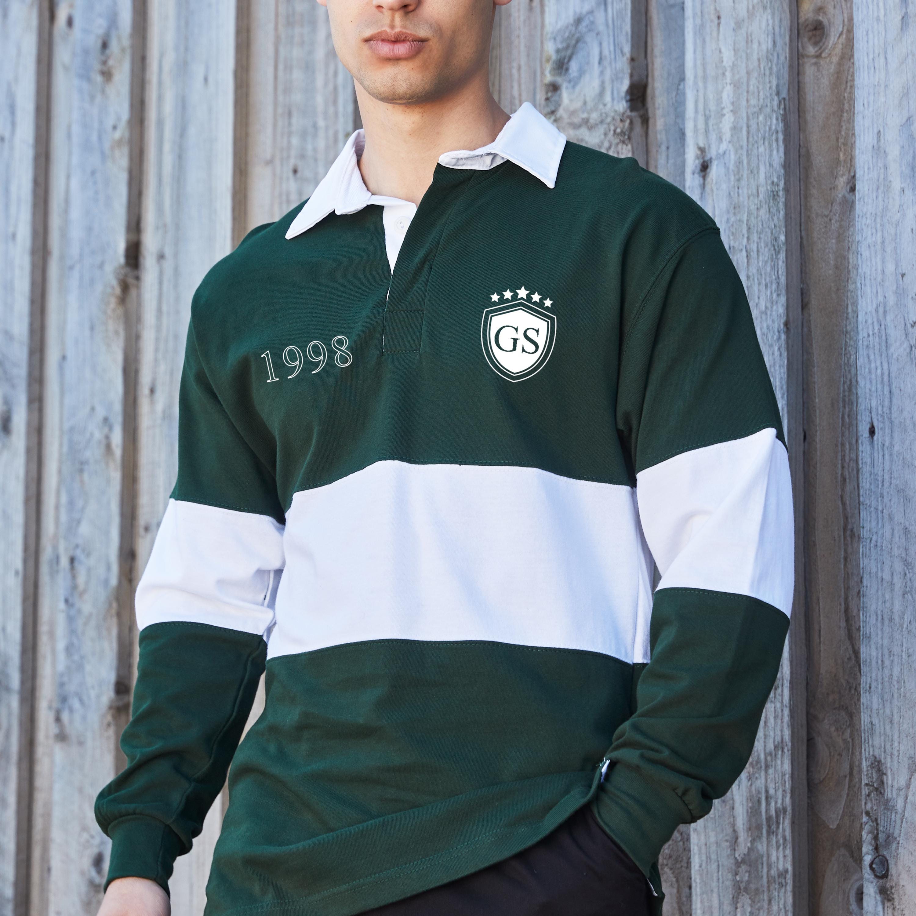 Personalised Men’s Rugby Shirt – Initial Emblem & Birth Year - Panelled Colour Block – Custom Chest Print Gift for Him – Men's Polo Top