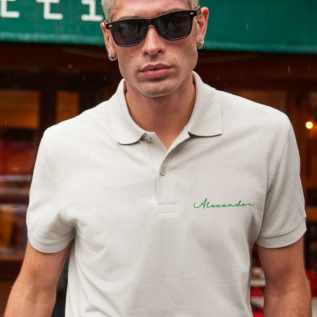 Personalised Men’s Polo Shirt with Name | Custom text Handwritten Chest Print | Gift for Him | Cotton Polo | Golf, Rugby Top | Mens T-Shirt