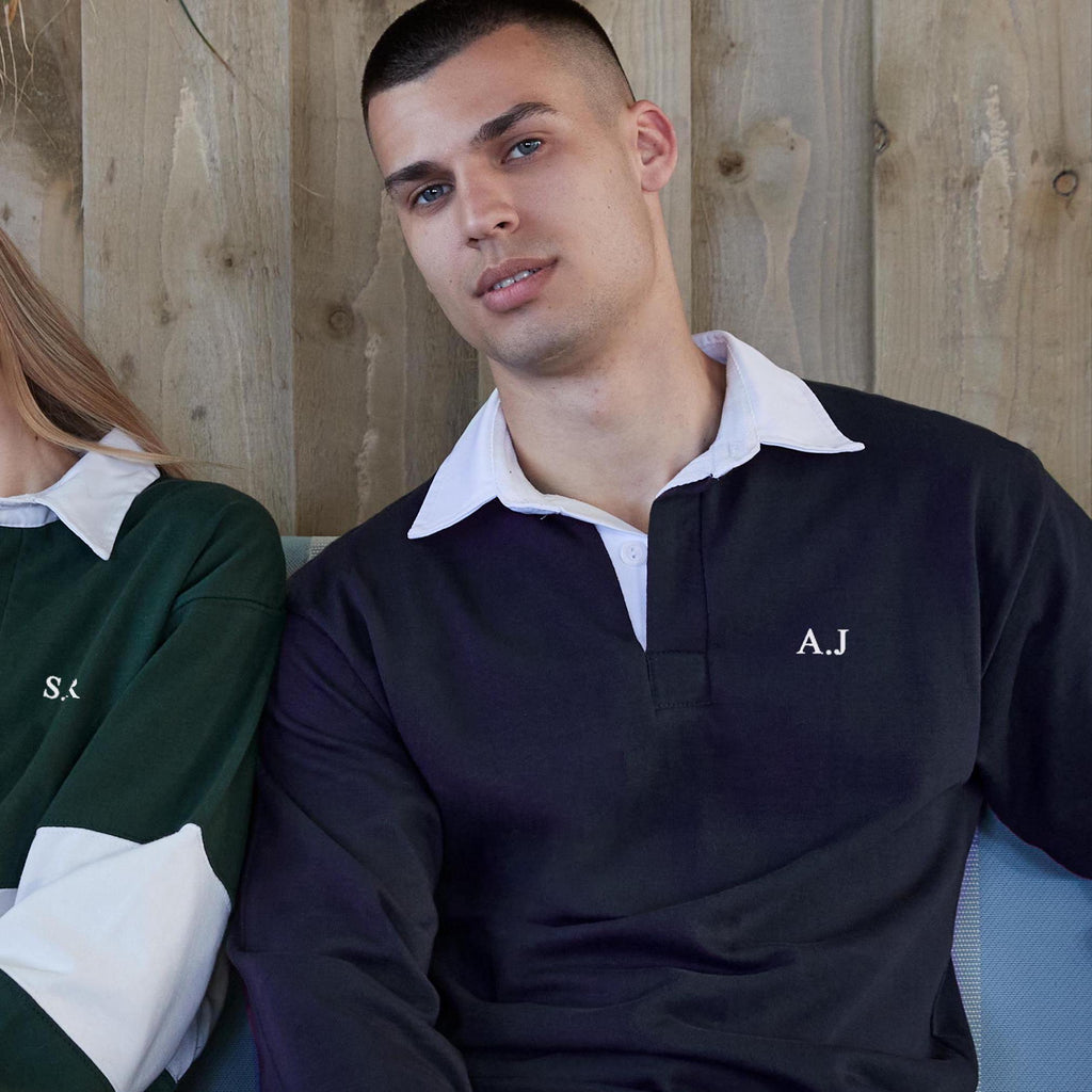 Personalised Unisex Rugby Shirt – Custom Initials Chest print – Cotton – Gift for Him - Polo Shirt - Mens Long Sleeve Top - Student Gift