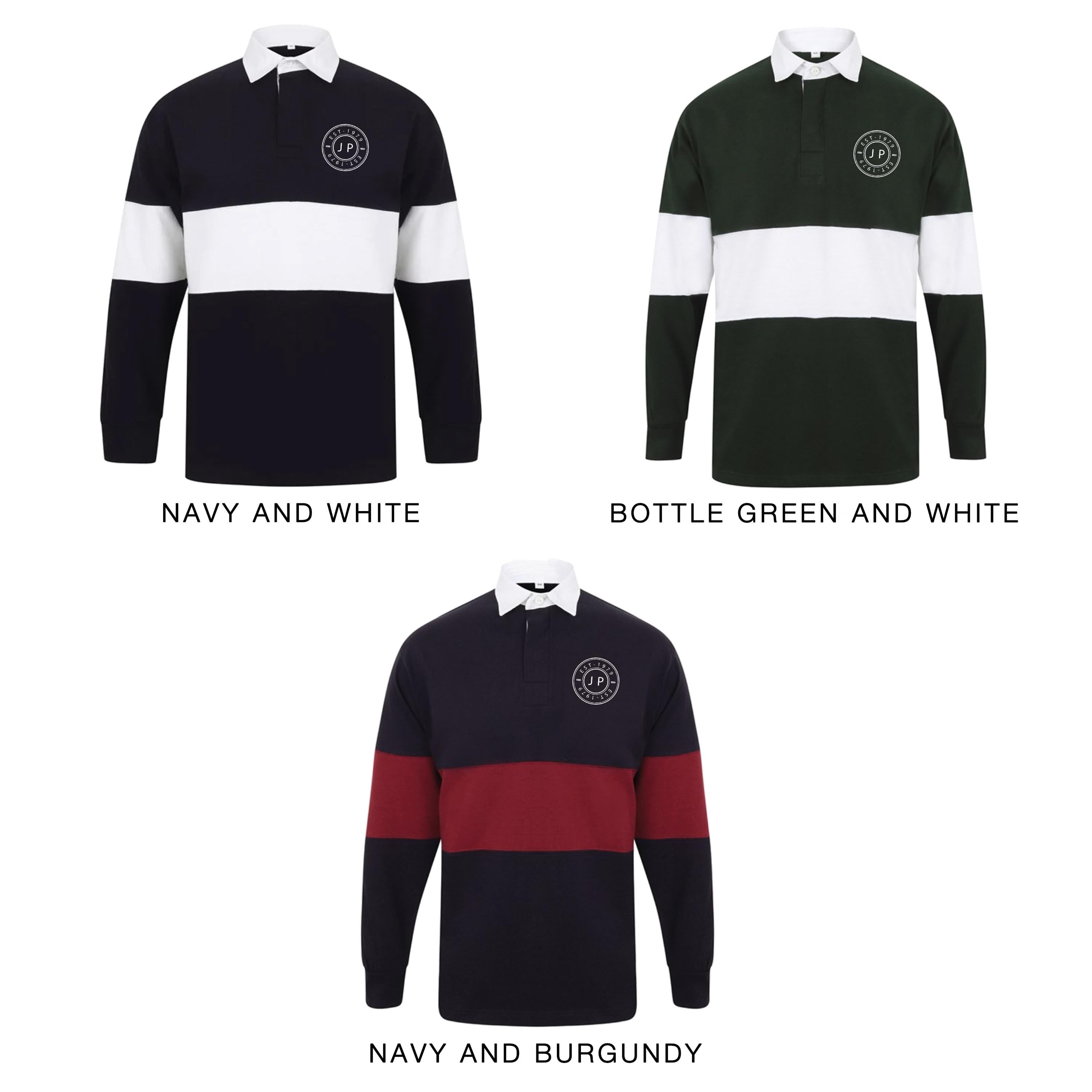 Personalised Men’s Panelled Rugby Shirt – Custom Initials & Est. Year - Circular Chest Logo – Vintage Style - Mens Polo Shirt - Mens Gift