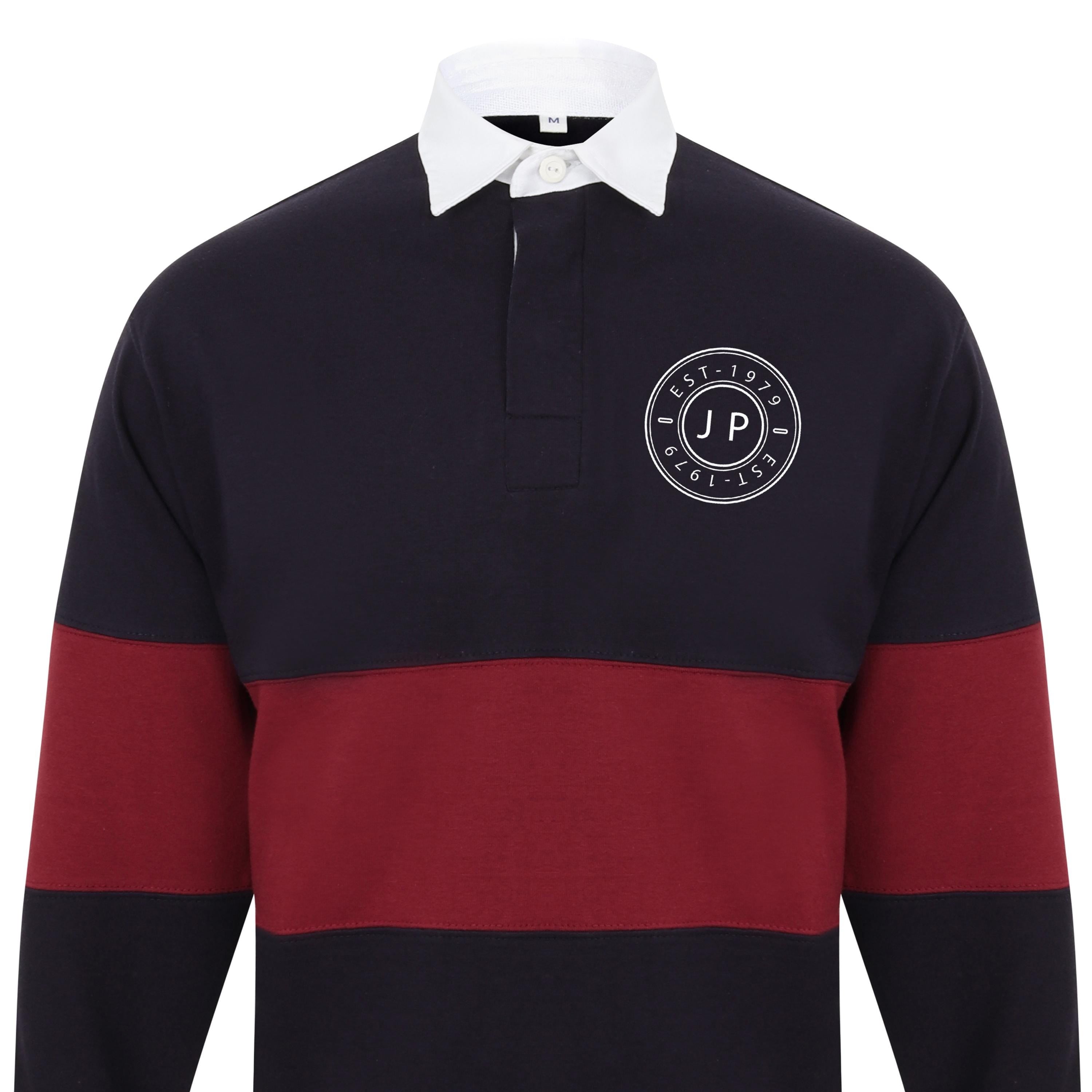 Personalised Men’s Panelled Rugby Shirt – Custom Initials & Est. Year - Circular Chest Logo – Vintage Style - Mens Polo Shirt - Mens Gift