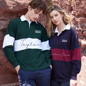 Personalised Panelled Men’s Rugby Shirt – Surname Front Print & branded Logo – Custom Gift for Him, Her – Hand Printed - Unisex Rugby gift
