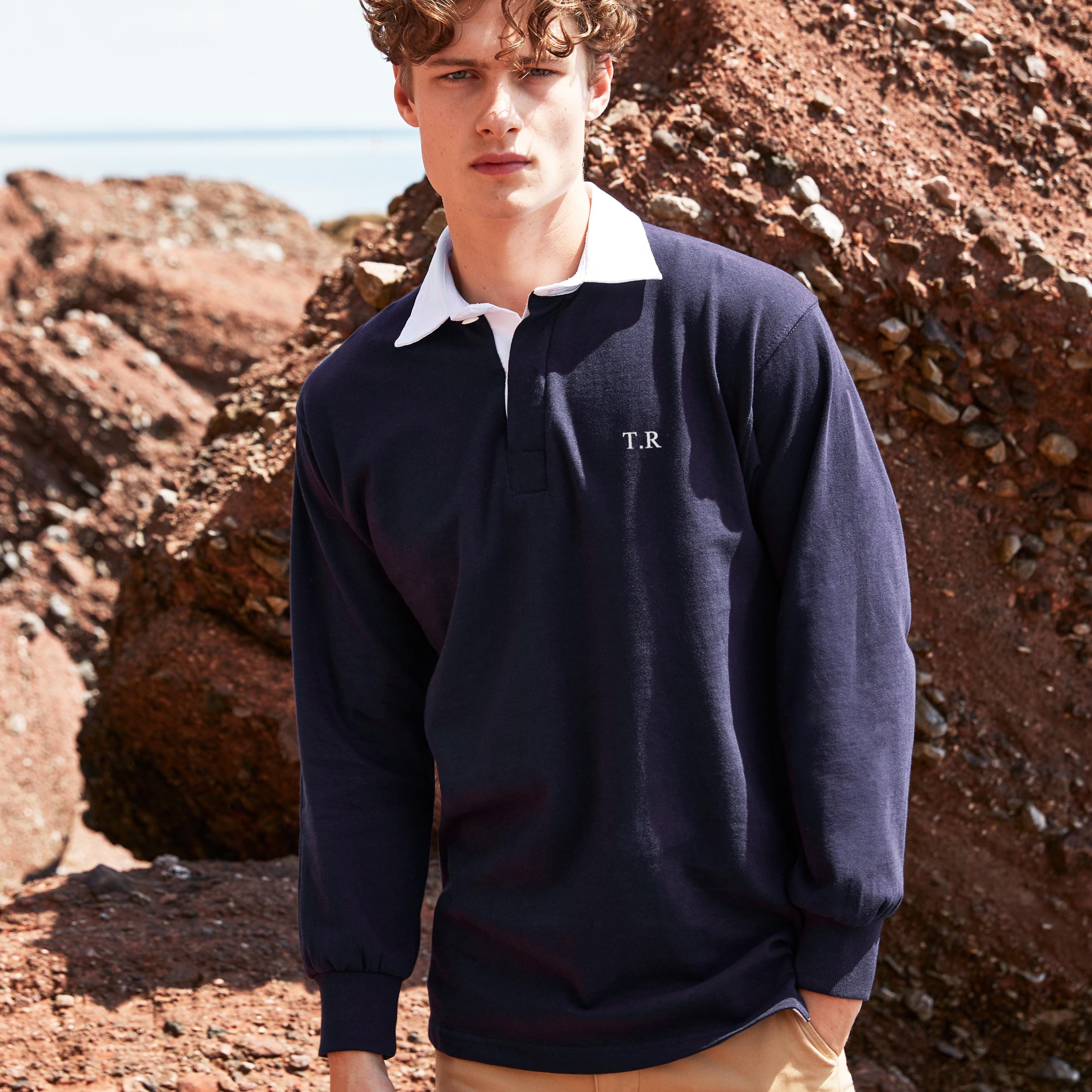 Personalised Unisex Rugby Shirt – Custom Initials Chest print – Cotton – Gift for Him - Polo Shirt - Mens Long Sleeve Top - Student Gift
