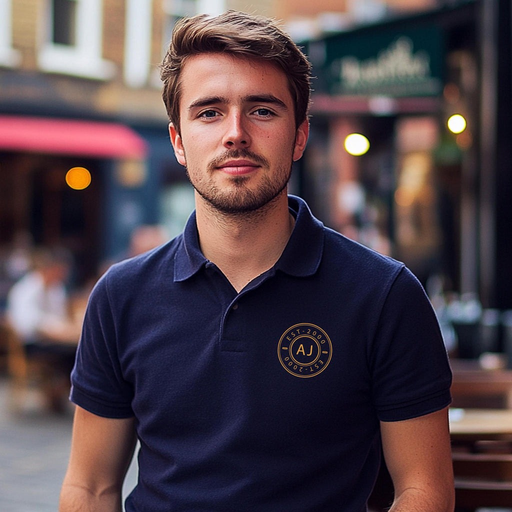 Personalised Men’s Polo Shirt with Initials & Est. Year | Custom Circular Chest Logo | Gift for Him | Classic Cotton Polo | Golf, Rugby Top
