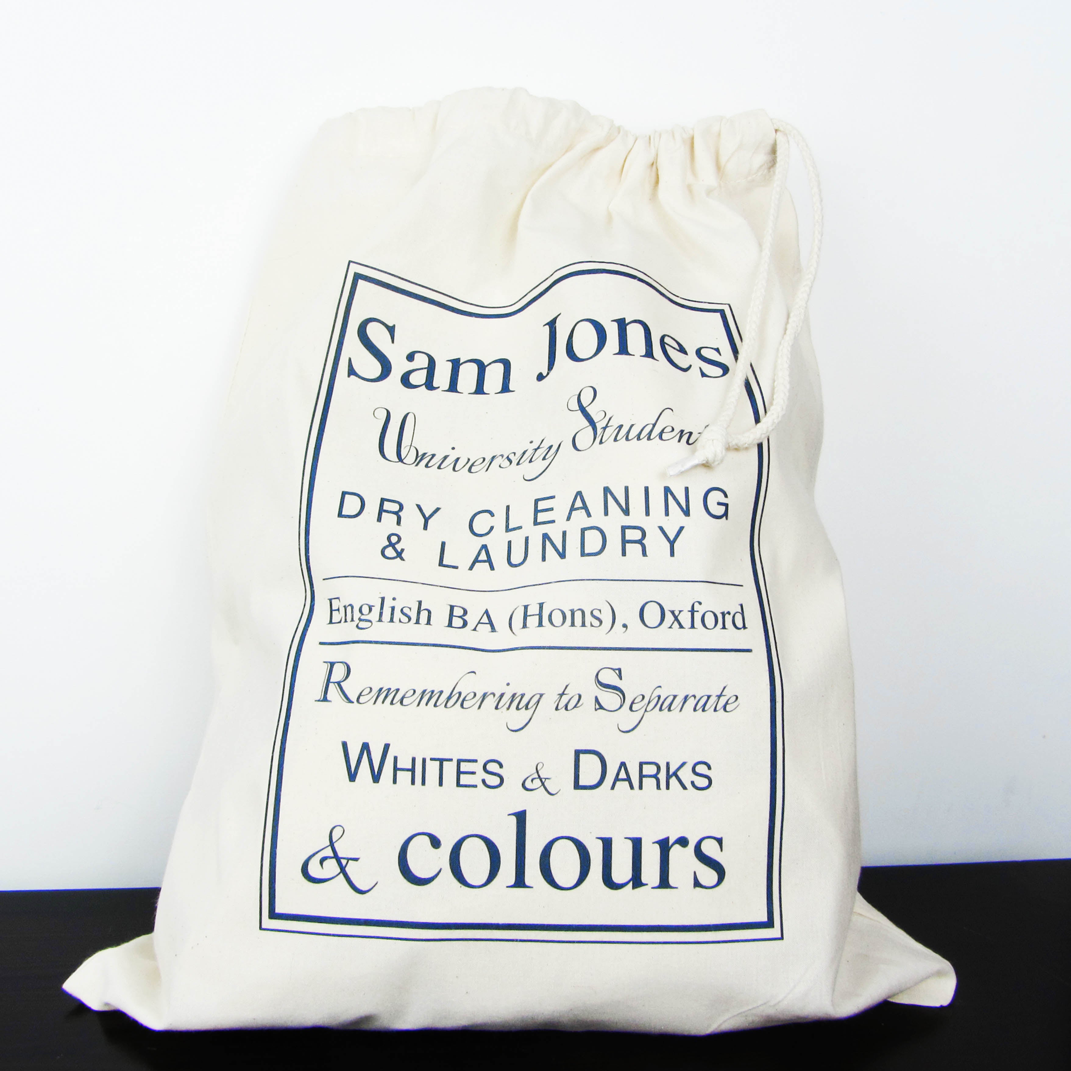 White drawstring bag with blue text on a white background