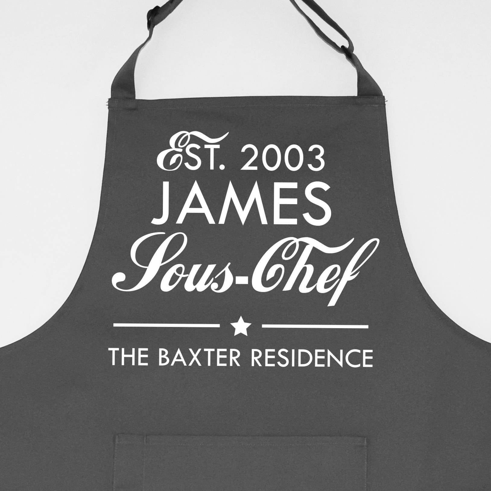 Elevate your culinary style with a personalised head chef apron from Weasel and Stoat on. Expertly crafted for comfort and style, this apron is your canvas—add your name for a touch of professional flair.