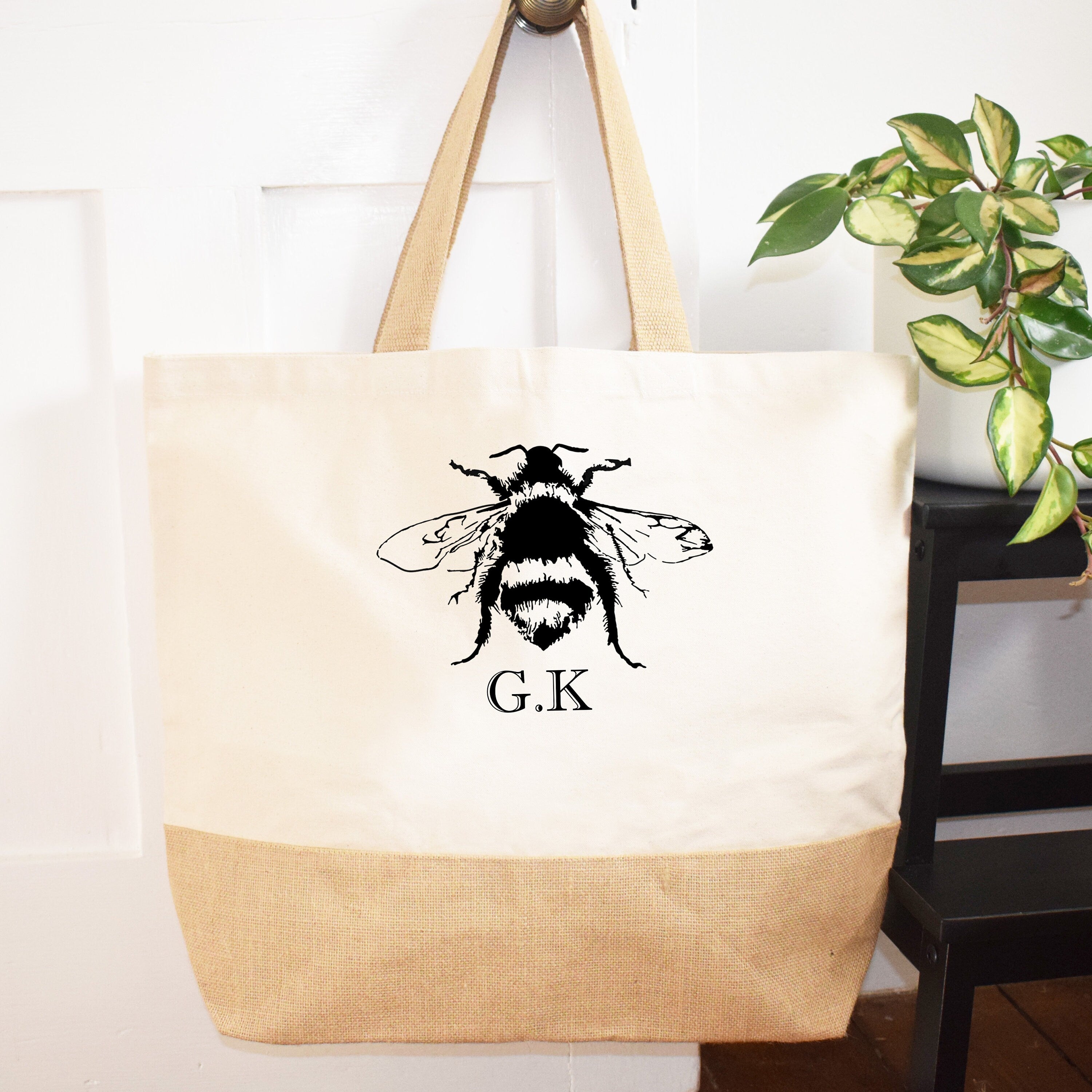 Bee, Personalised initials Jute base Canvas Oversized Tote Shopping Bag, Market shoulder Bag, Laundry Room Storage, bumble honey bee gift,