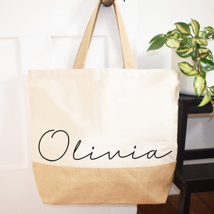 Personalised Handwritten type Jute base Canvas Oversized Tote Shopping and Beach Bag, holiday and travel bag, Market shoulder Bag