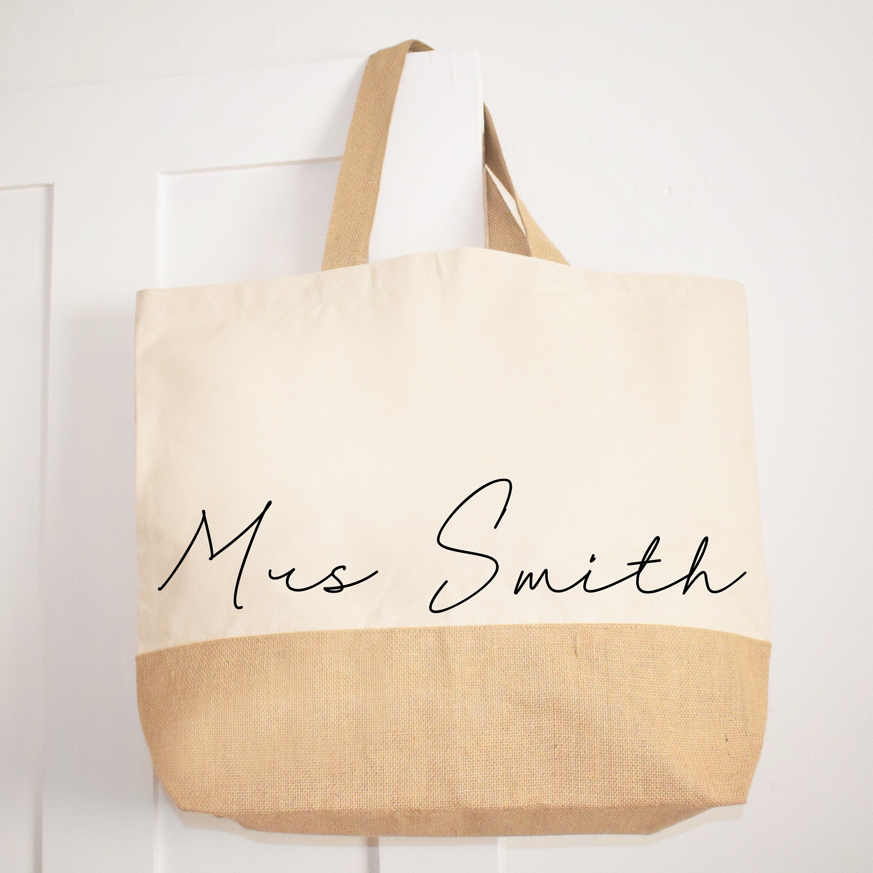 Personalised Handwritten type Jute base Canvas Oversized Tote Shopping and Beach Bag, holiday and travel bag, Market shoulder Bag