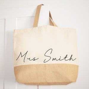 Personalised Handwritten type Jute base Canvas Oversized Tote Shopping and Beach Bag, holiday and travel bag, Market shoulder Bag
