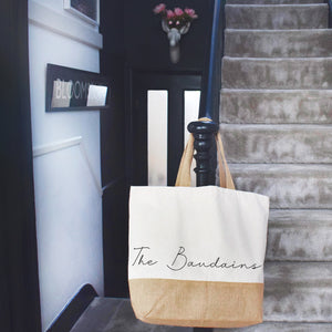 Personalised Handwritten type Jute base Canvas Oversized Tote Shopping and Beach Bag, holiday and travel bag, Market shoulder Bag