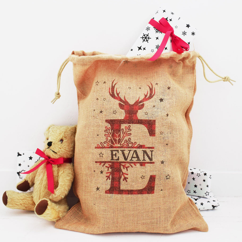 Personalised Tartan Monogram Christmas Sack, Hessian fabric Sack, Santa Sack, Stocking, Red personalise, Child Xmas, Personalize jute Gift
