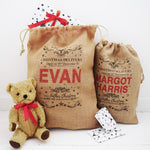 Traditional Personalised Burlap Father Christmas Sack, Hessian fabric Sack, Jute Santa Sack, Christmas Stocking, Child Xmas Gift, Red Print