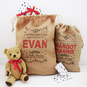 Traditional Personalised Burlap Father Christmas Sack, Hessian fabric Sack, Jute Santa Sack, Christmas Stocking, Child Xmas Gift, Red Print