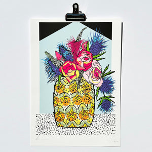 FLOWERS IN A PINEAPPLE - A3 print, A4 Print, Limited Edition Art Print, Signed Doodle, Pen Illustration, Fine Art Archival Print, pineapple