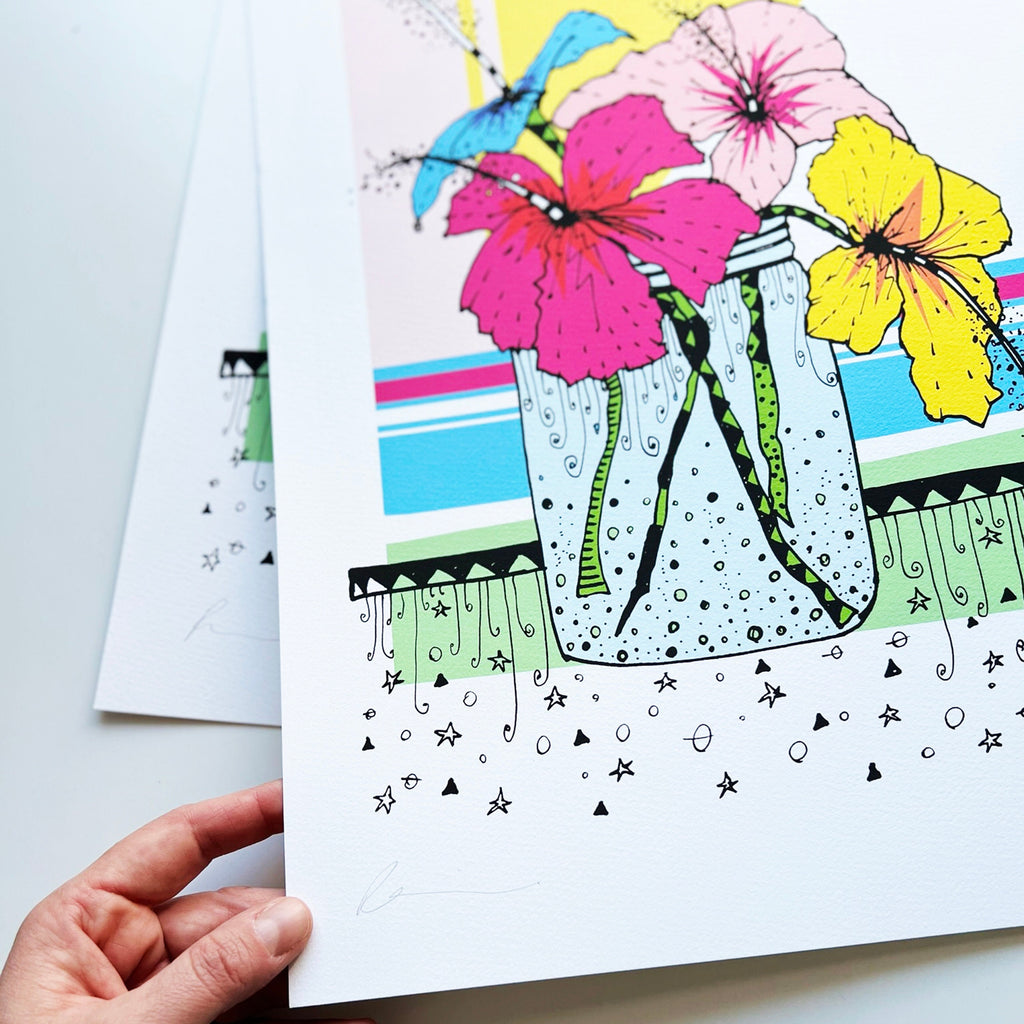 HIBISCUS FLOWERS - A3 print, A4 Print, Limited Edition Art Print, Signed Doodle, Pen Illustration, Fine Art Digital Archival Print, bright