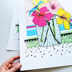 HIBISCUS FLOWERS - A3 print, A4 Print, Limited Edition Art Print, Signed Doodle, Pen Illustration, Fine Art Digital Archival Print, bright