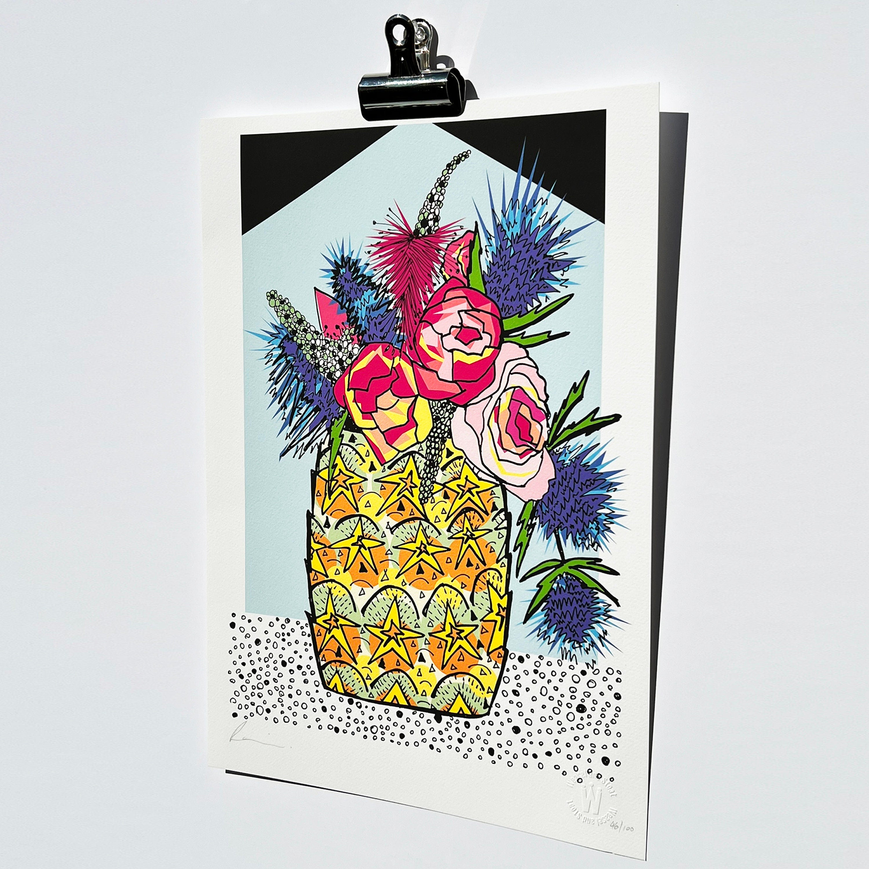 FLOWERS IN A PINEAPPLE - A3 print, A4 Print, Limited Edition Art Print, Signed Doodle, Pen Illustration, Fine Art Archival Print, pineapple