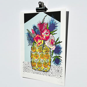 FLOWERS IN A PINEAPPLE - A3 print, A4 Print, Limited Edition Art Print, Signed Doodle, Pen Illustration, Fine Art Archival Print, pineapple