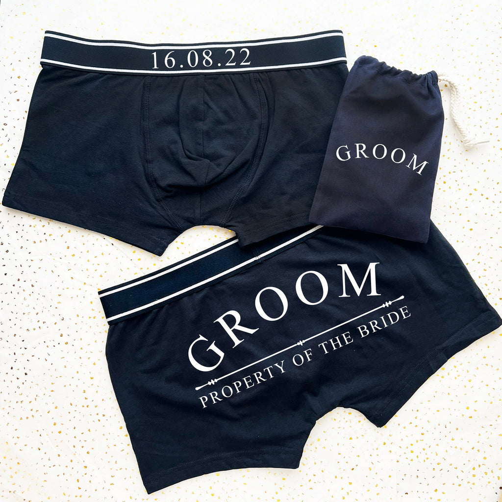 Personalised Date Property of The Bride Back Print on Bottom Boxers, Wedding Date Boxer shorts, bride to groom gift lingerie Navy Black Gold