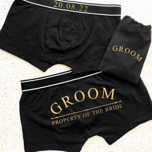 Personalised Date Property of The Bride Back Print on Bottom Boxers, Wedding Date Boxer shorts, bride to groom gift lingerie Navy Black Gold