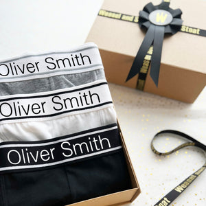 Personalised Men's Boxer Short set 3 pack, Grey, White, Black, Trunks, Boxer briefs, underwear, Birthday gift set, gift box, lingerie