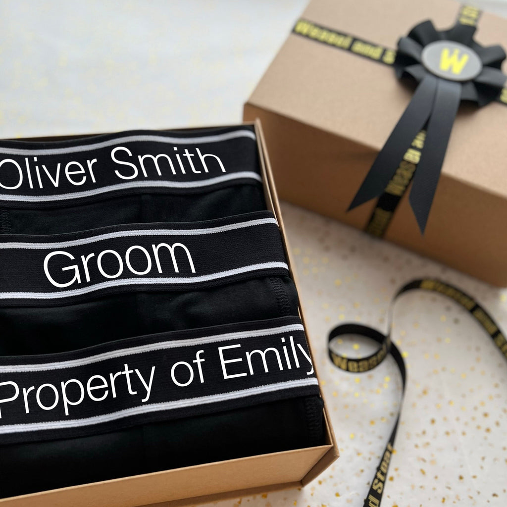 Personalised Groom's Men's Black Boxer Shorts set 3 pack, Trunks, Boxer briefs, underwear, gift box, Wedding gift, Property of the Bride