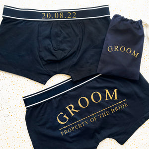 Personalised Date Property of The Bride Back Print on Bottom Boxers, Wedding Date Boxer shorts, bride to groom gift lingerie Navy Black Gold
